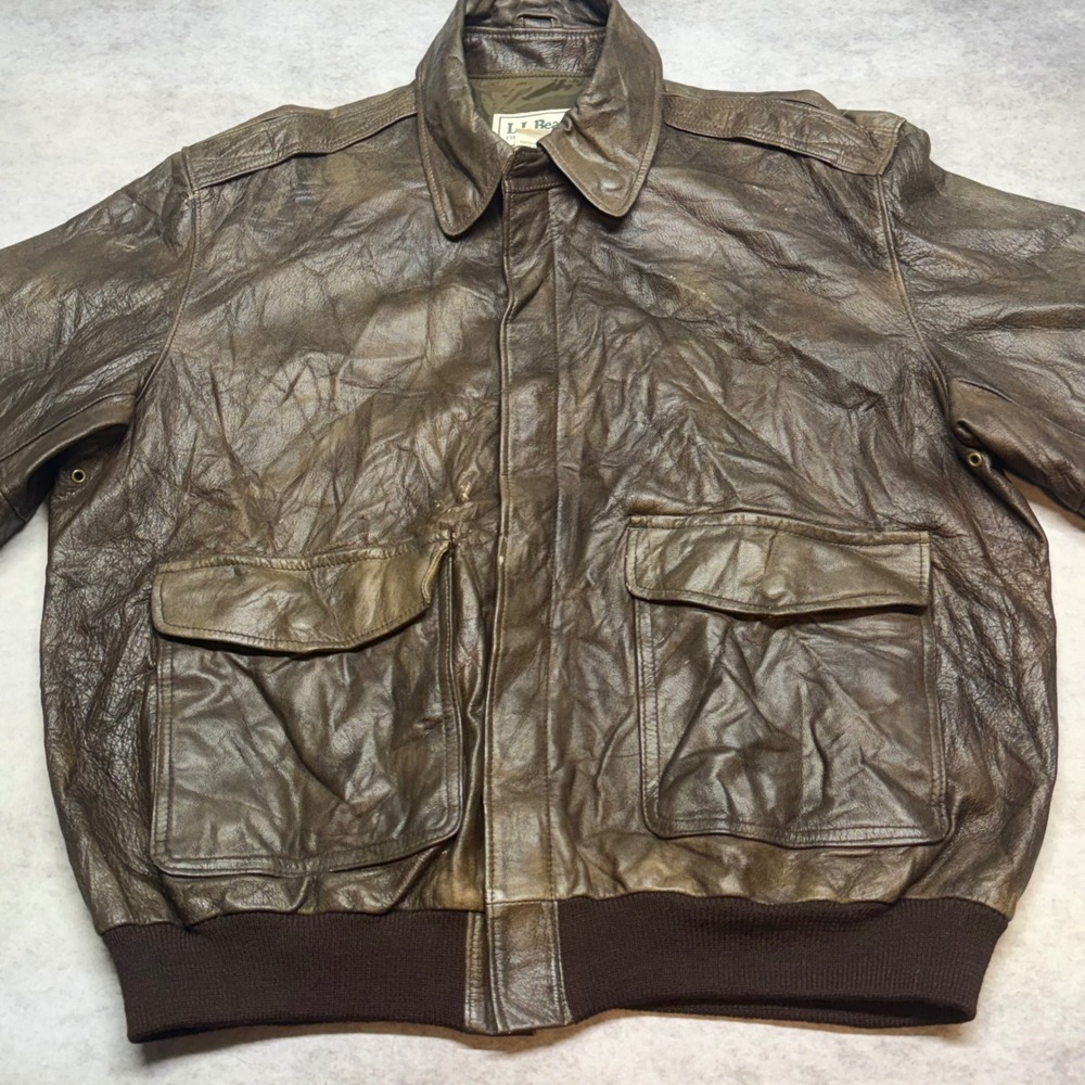 VTG LL Bean A2 Flight Jacket Mens Size L Brown Distressed Leather Bomber Jacket - Picture 9 of 11